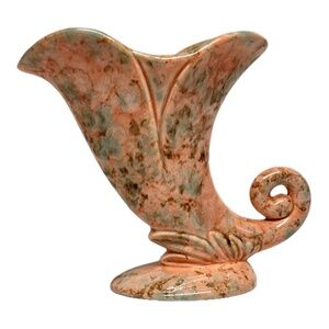 Vintage USA Pottery Cornucopia Shell Vase Orange Green Brown 5" Tall